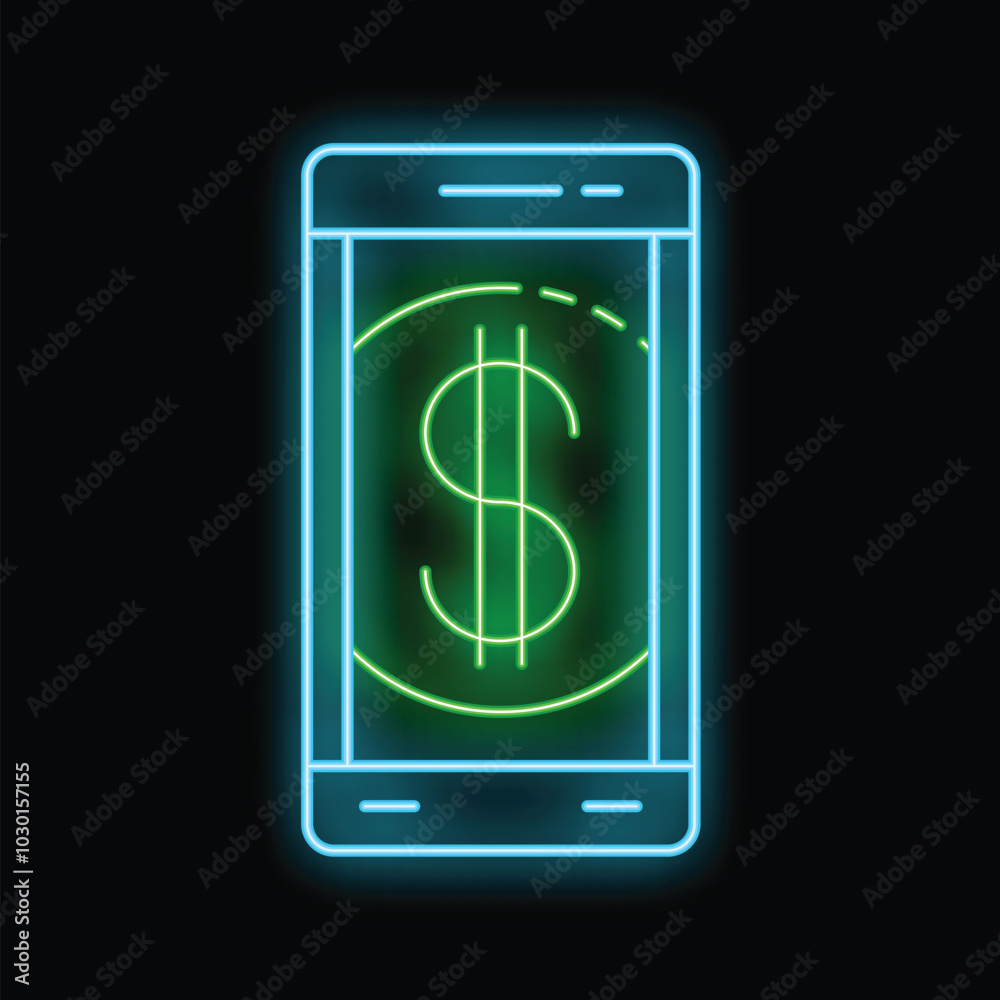 Wall mural neon glowing icon of a mobile phone showing dollar currency symbol on screen