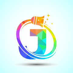 Letter J cleaning service logo design template, Cleaning company logo sign symbol, low poly style