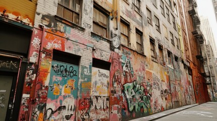 Naklejka premium The walls of the old building were covered in grunge graffiti, telling the story of the city’s rebellious youth