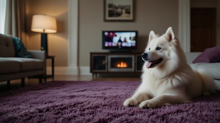 A white dog lies on a purple rug in a living room, watching TV with a fireplace in the background.