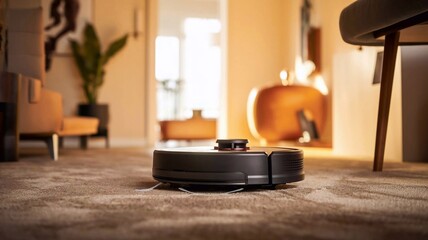 Sleek robotic vacuum effortlessly glides across a plush carpet in a warmly lit living room, making housework a breeze in this modern, cozy home