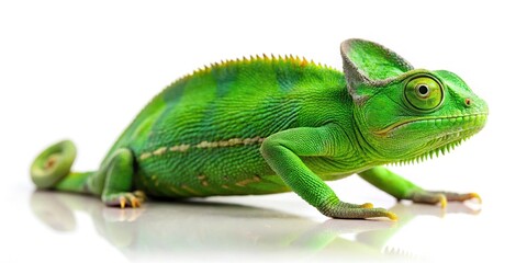 Fototapeta premium Minimalist green chameleon isolated on white background