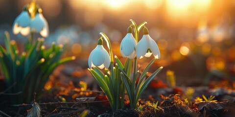 Snowdrops bloom in a sunlit garden during early spring, signaling the end of winters chill
