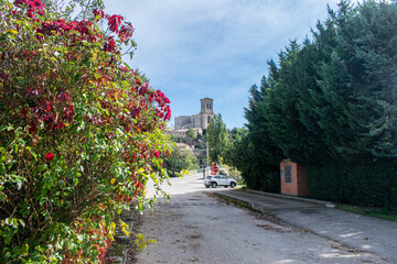 Iglesia de Pampielga, Burgos (España) vista desde una carretera con flores rosas y arbustos