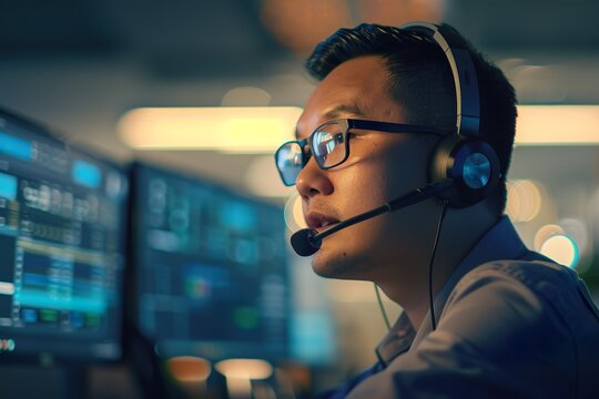 Dedicated IT support specialist assisting clients during nighttime with multiple monitors displaying technical data and analytics