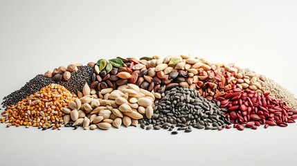 Obraz premium Mixed seeds, balanced arrangement, white background, 3D illustration
