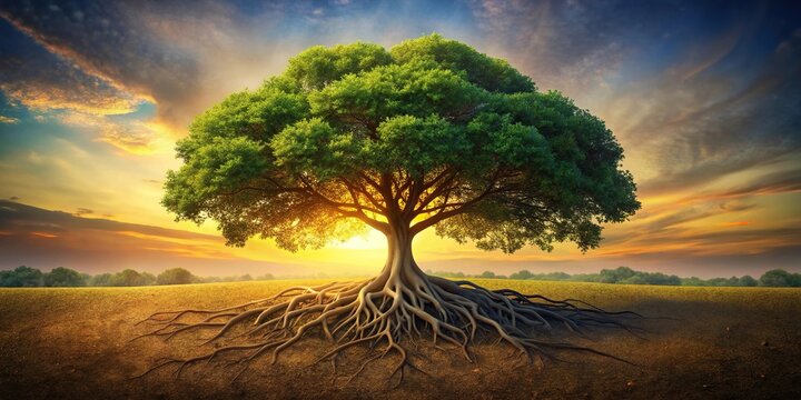 Minimalist illusory painting of a tree with intertwined roots and branches at golden hour