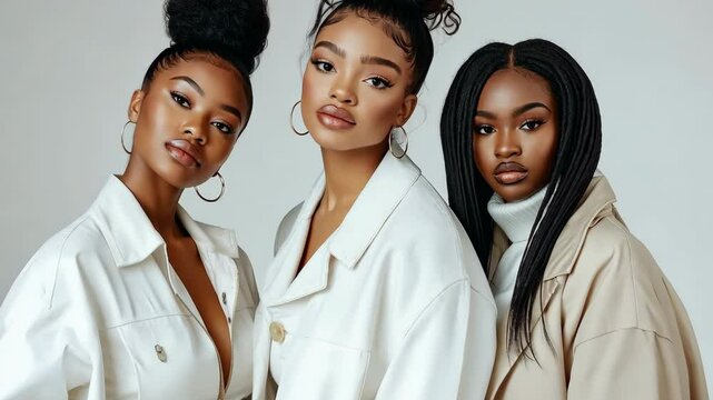 Three women with different hair types pose for a photo. Scene is lighthearted and fun, as the women are smiling and seem to be enjoying themselves. The concept of the photo is to showcase the beauty