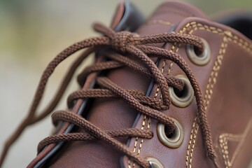 Obraz premium Close-up of a brown shoe with laces and eyelets, showcasing craftsmanship and design.