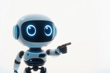 A cheerful AI-generated robot pointing towards a blank space, symbolizing futuristic technology, robotics, and artificial intelligence. Perfect for concepts of AI, and automation