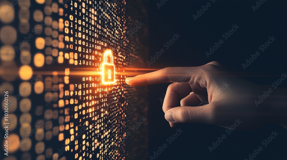 Poster a person's hand hovering over a glowing digital padlock, symbolizing secure data, with binary code s