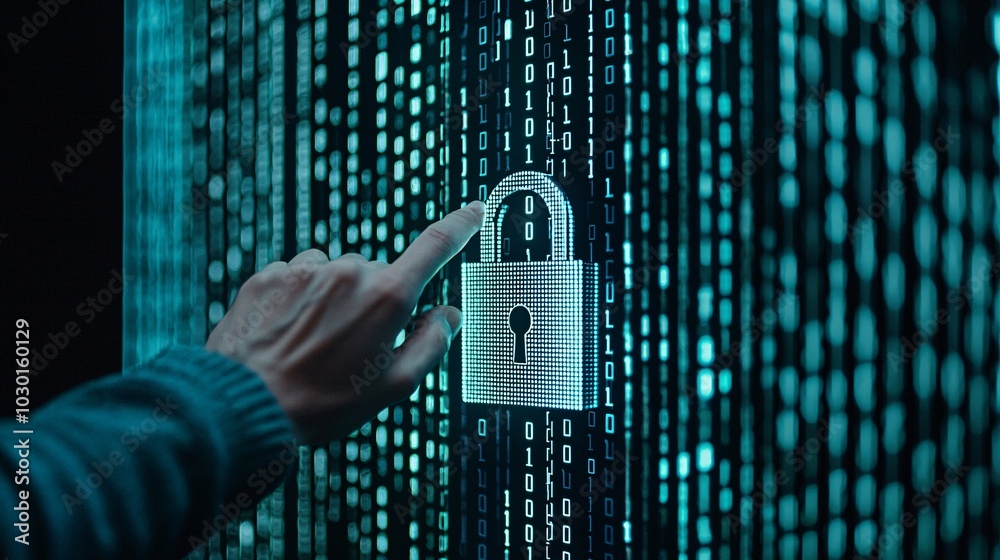 Poster a person's hand hovering over a glowing digital padlock, symbolizing secure data, with binary code s