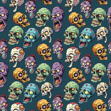 Colorful zombie faces in a repeating pattern designed for Halloween decorations and crafts