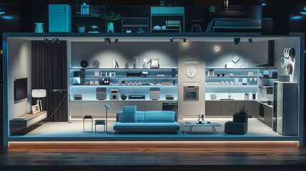 Immersive Smart Home Experience, IoT Integration, Connected Devices Overview, Low-Angle Panoramic View, Technology-Infused Living Space