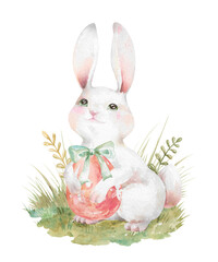 Cute white Easter bunny with red painted egg on green lawn. Hand drawn watercolor illustration