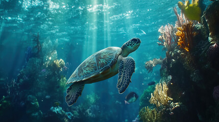 Fototapeta premium Capturing a Sea Turtle’s Grace in the Blue Depths, Surrounded by Coral Reefs and the Call for Marine Conservation