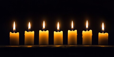 A serene display of seven glowing candles lined up in the darkness. Each flame dances gently as the wax melts. Perfect for relaxation and ambiance in any setting. AI