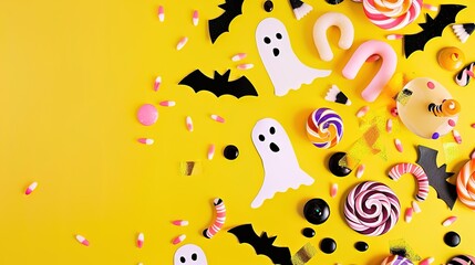 Whimsical Halloween Candy-Themed Table Spread with Ghosts, Pumpkins, Bats, and Playful Sweets, Ideal for Custom Text or Design Elements