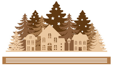 Christmas Scene laser cut template, Winter scene vector illustration 