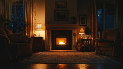 Warm glow of a fireplace illuminating a dark room