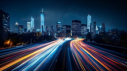 A city skyline at night with light trails from cars driving on the streets