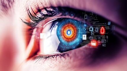 A striking closeup of a human eye with a shimmering iris that appears to emit a soft glow, enveloped by multiple layers of digital security imagery like lock icons, biometric recognition marks