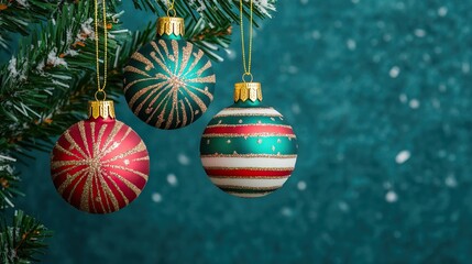 Fototapeta premium Colorful Christmas ornaments hanging on a pine tree, creating a festive atmosphere.