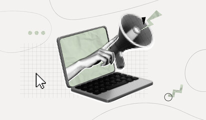 Trendy Halftone Collage Hand holding Megaphone from Laptop screen. Social media news and promotion concept. Announcing and marketing. Online news. Contemporary vector illustration art