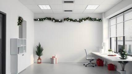 Minimalist Office Wall with Christmas Garland and Neutral Decor