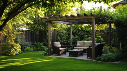 A Peaceful Backyard with Stylish Pergola for Relaxation and Outdoor Living