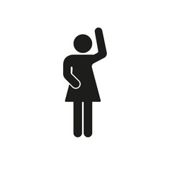Female Human Figure Waving Hand Silhouette Icon. Stick Figure with Greeting Gesture Glyph Symbol. Woman Person in Waving Pose. Isolated Vector Illustration