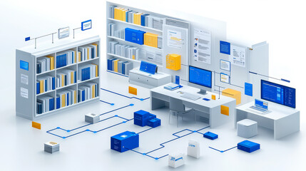 Obraz premium Comprehensive Document Lifecycle Management Illustration from Creation and Collaboration to Storage and Archiving in Modern Office Setting