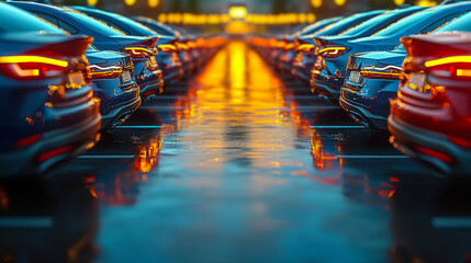 Evening View of Car Dealership Parking Lot with Cars for Sale or Rent Reflecting City Lights on Wet Pavement