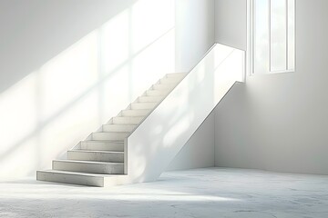 Modern staircase with a glass railing leading up to a bright, airy space, perfect for a minimalist home.