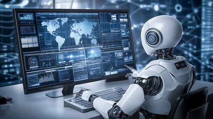 A hitech robot sitting at a control panel filled with monitoring screens, analyzing data and managing operations with precision