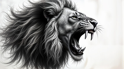 Lion head with open mouth. Black and white.