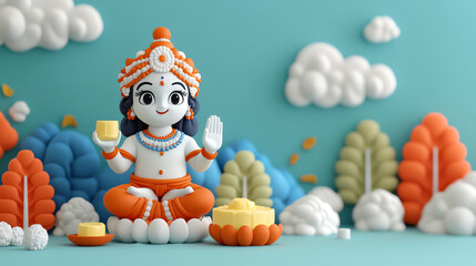 A vibrant figurine representing a deity, adorned in colorful traditional attire, sitting amidst a playful scenery of trees and clouds, evoking a sense of joy and celebration.