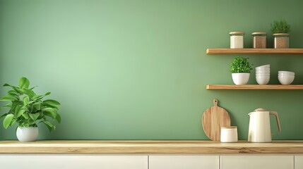 A kitchen with a white wooden table and a green wall. There's a wooden shelf and a counter in the background, perfect for displaying food or products. The table top is ideal for mockups or templates.
