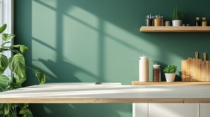 A kitchen with a white wooden table and a green wall. There's a wooden shelf and a counter in the background, perfect for displaying food or products. The table top is ideal for mockups or templates.
