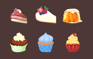 Vector Set of assorted Desserts, lot collection of 6 isolated delicate cheesecakes and cupcakes and yummy desserts, baked goods for cafe or restaurant menu.