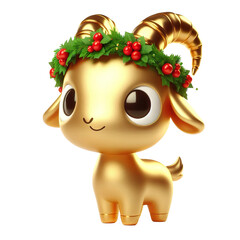 Fototapeta premium cartoon 3d render gold goat, mysterious eyes cute happy with a Christmas wreath on her head, full body, white background isolated PNG