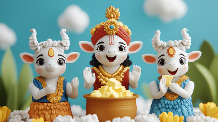 Fototapeta premium Charming colorful figurines depicting a traditional celebration with playful calves and a joyful character, set against a vibrant backdrop filled with clouds and flowers.