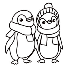 This festive illustration of two pinguins in Christmas hats  adds warmth and joy to holiday-themed coloring books, greeting cards, or seasonal crafts