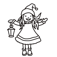 Fototapeta premium A cheerful girl in a holiday hat holding a lantern, perfect for Christmas coloring activities, greeting cards, or winter-themed children’s illustrations