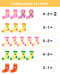 Subtraction Worksheet for Kids. Basic Subtraction Problems with Cute Socks Illustration. Fun Math Game.