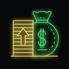 Neon sign representing increasing value with a stack of coins and money bag on a black background