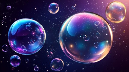 A picture of soap bubbles in different shapes and sizes, floating on a dark background. It's a great image for designs about bubbles or anything playful.