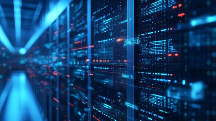 Server Racks Illuminated with Blue and Red Lights in a Data Center
