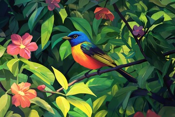 A vivid songbird rests on a flowering branch amid lush greenery, perfect for nature enthusiasts.