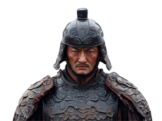 front view of an ancient chinese warrior from the han dynasty wearing traditional armor and helmet, historical portrait for reenactment and ancient chinese military representation
